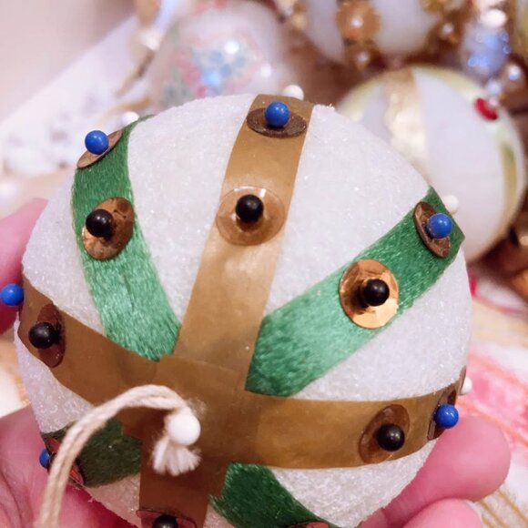 Vintage Handmade Beaded Diamond Crusted Sequins Christmas Ball Ornament Set of 9 - Picture 3 of 8